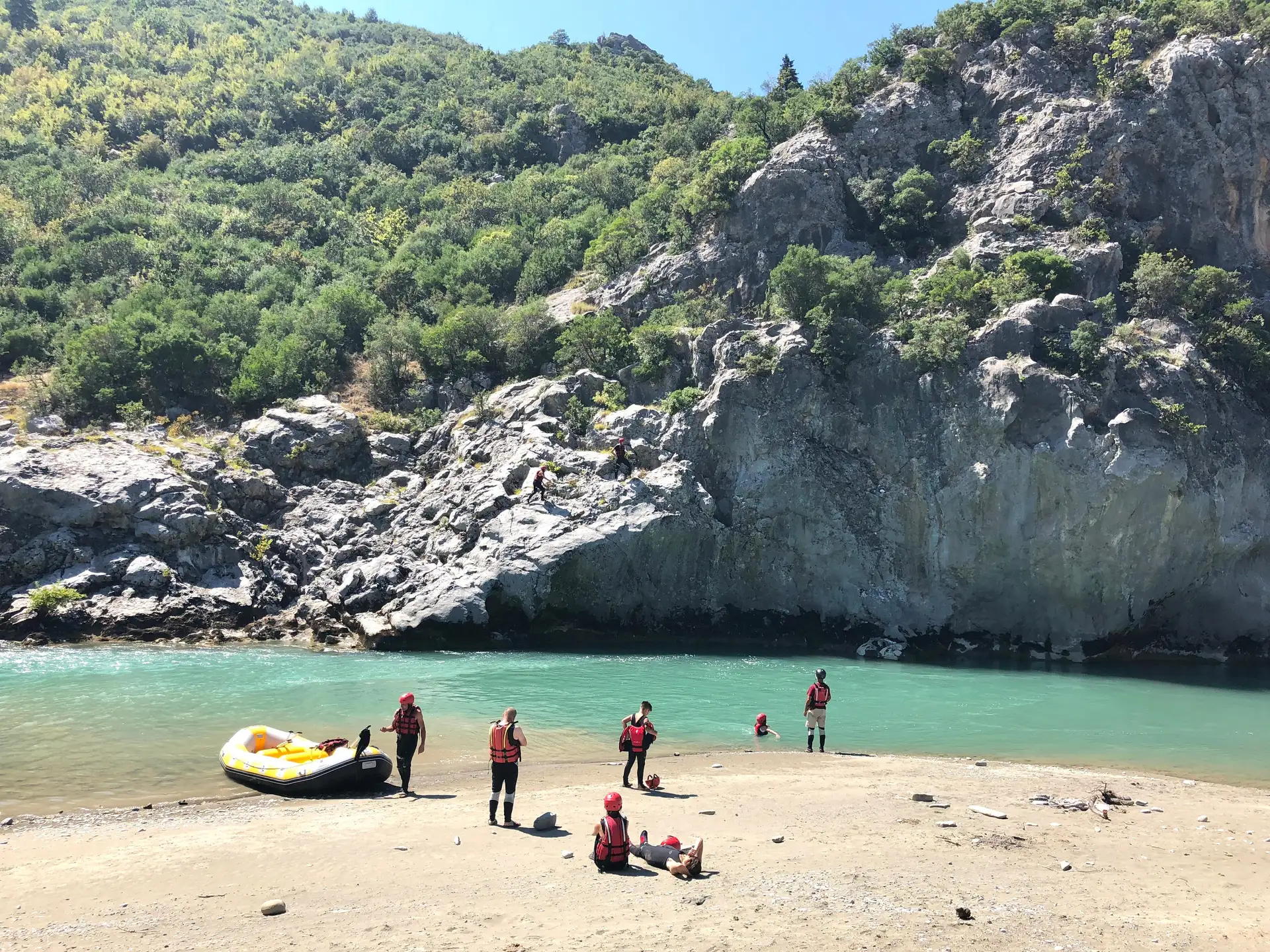 Group rafting on the Vjosa river rapids in Albania near Përmet